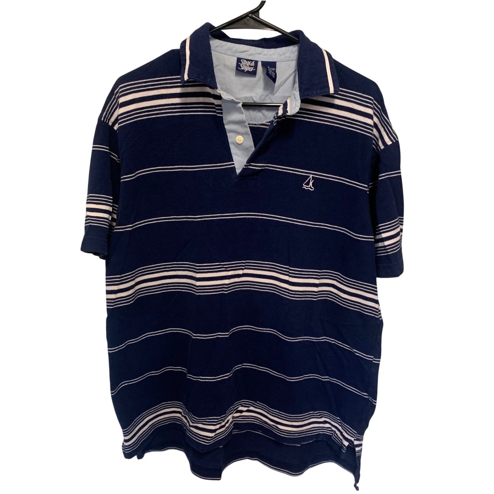 Vintage Stars & Stripes Mens Large‎ Navy Blue White Striped Cotton Nautical Polo